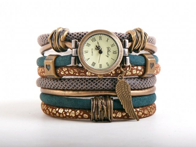 Zegarek - bransoletka w stylu retro, zielony, złoty, brązowy, ze skrzydłem
