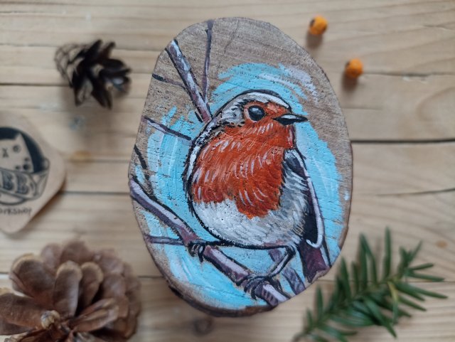 Ptaszek rudzik ręcznie malowany na drewnie