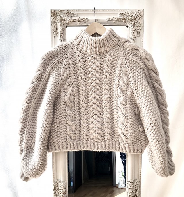 Sweter handmade chunky cable natural wełna merynosów bawełna alpaka