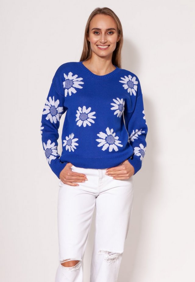 Sweter w kwiatki - SWE302 kobaltowy MKM