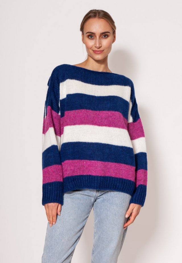 Oversize'owy sweter w paski - SWE299 kobalt/róż/ecru MKM