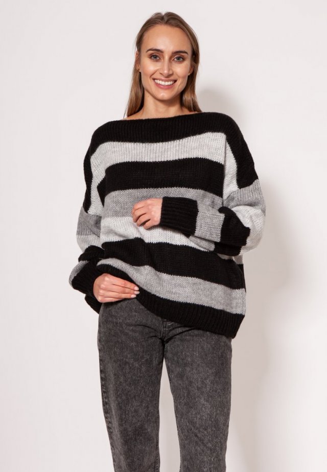 Oversize'owy sweter w paski - SWE299 czarny/szary/jasny szary MKM