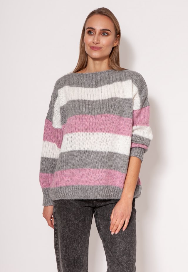 Oversize'owy sweter w paski - SWE299 szary/róż/ecru MKM