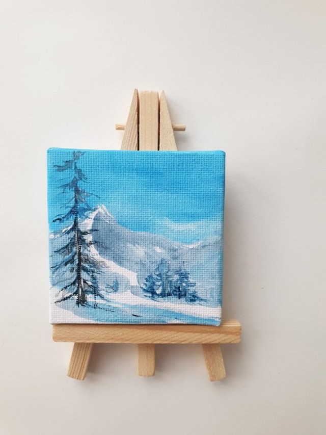 Mini obraz ręcznie malowany góry zima