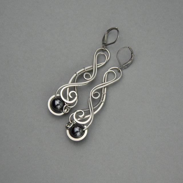 Długie kolczyki hematyt, stal chirurgiczna, wire wrapping