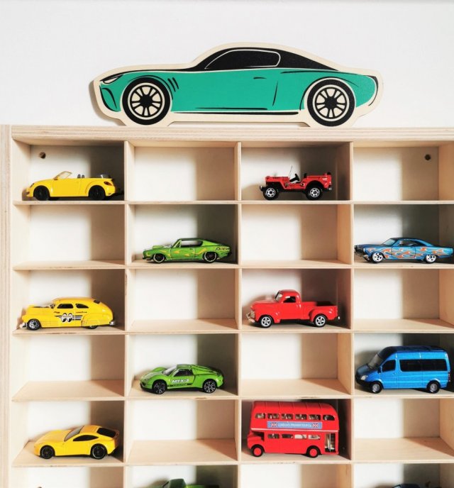 Drewniana półka na autka Hot Wheels + GRAFIKA nr1 / Garaż na Resoraki oraz samochodziki Matchbox