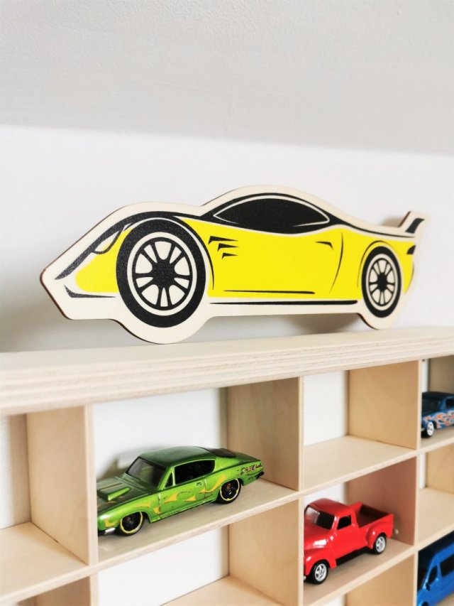 Drewniana półka na autka Hot Wheels + GRAFIKA nr3 / Garaż na Resoraki oraz samochodziki Matchbox - Styl Montessori