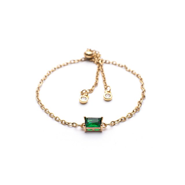 Bransoletka złocona ze stali szlachetnej z zielonym kryształem