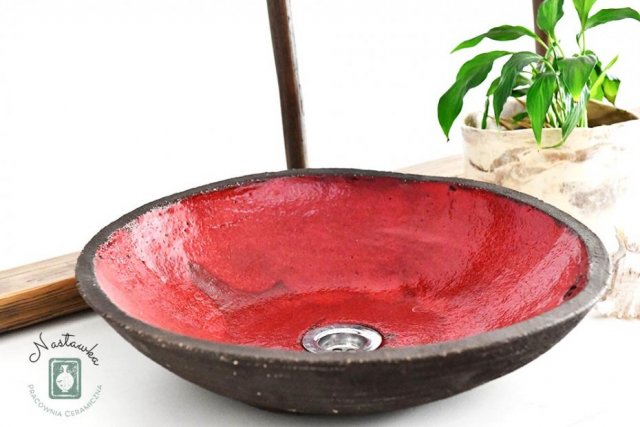 Duża Umywalka, umywalka Czerwona, umywalka nablatowa, umywalka ceramiczna, umywalka gliniana, umywalka ręcznie robiona