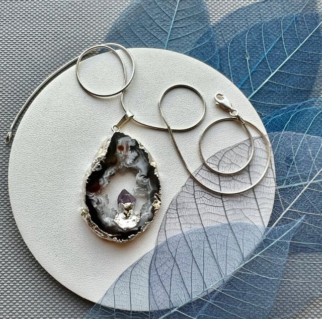 Artistic Necklace - Agate and Amethyst ❤ STWORZONY PRZEZ NATURĘ - HARMONIA YIN I YANG ❤ Srebro 925