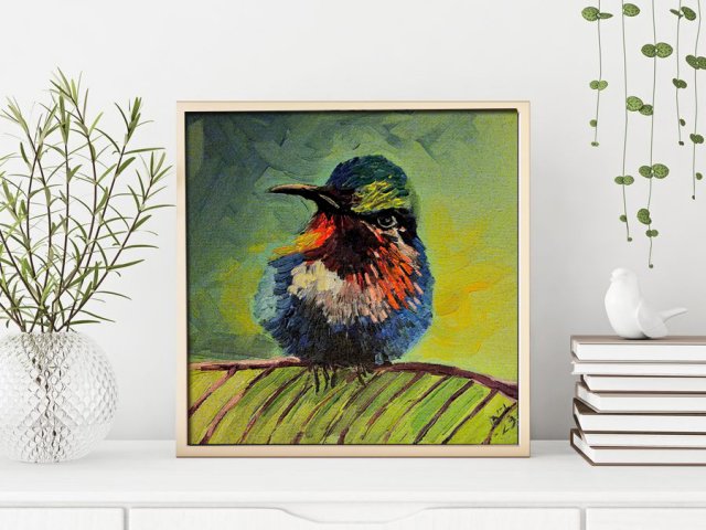 Mały prezent, oryginalny tropikalny ptak, obraz olejny, jasne kolorowe do domu miniaturowy nowoczesny prezent 19x19 cm
