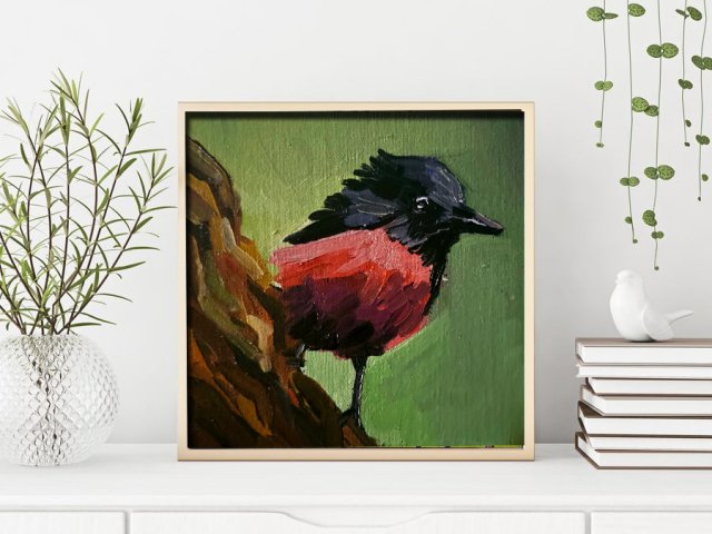 Mały prezent, oryginalny Ptak, obraz olejny, jasne kolorowe do domu miniaturowy nowoczesny prezent 19x19 cm