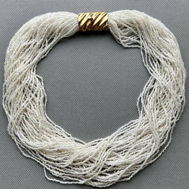 Vintage 80s - Artistic Necklace ❤ 46 sznurów kryształków zakończonych dużym zapięciem platerowanym 24 karatowym złotem ❤