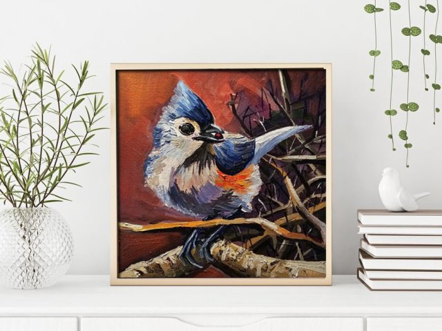 Mały prezent, oryginalny, ptak, obraz olejny, jasne kolorowe do domu miniaturowy nowoczesny prezent 25x25 cm