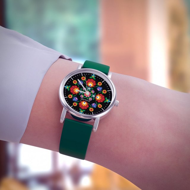 Zegarek mały - Folkowa mandala, czarna - silikonowy, zielony