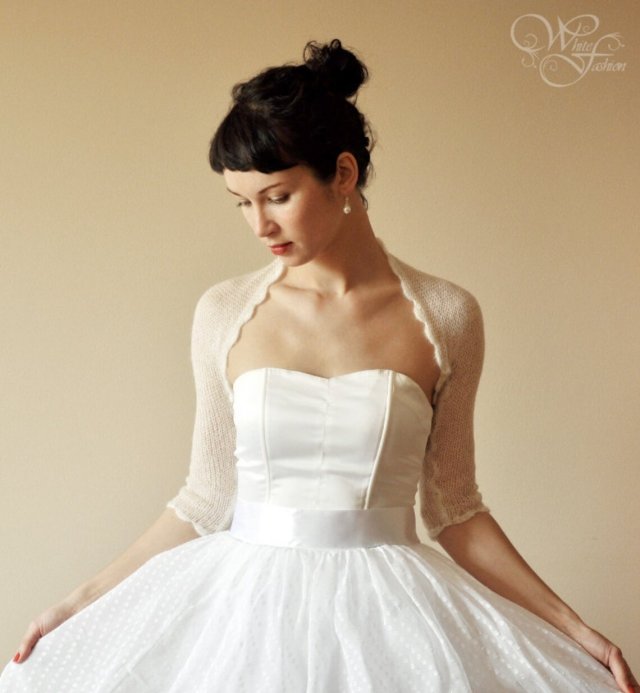 Bolerko ślubne lekkie weselne, kardigan z moheru do suknii ślubnej, krem lub narutalna biel