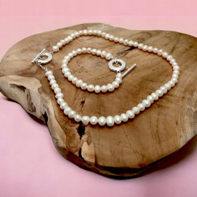 Zestaw biżuterii perły naszyjnik i bransoletka srebro