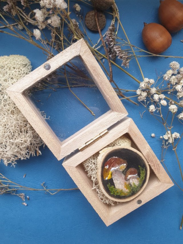 Obraz/magnes ręcznie malowany grzybki + drewniane pudełko