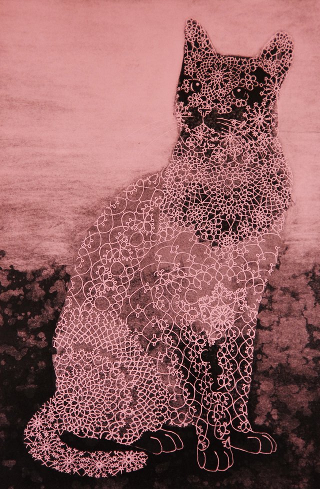 Różowy kot - linoryt 45x68cm