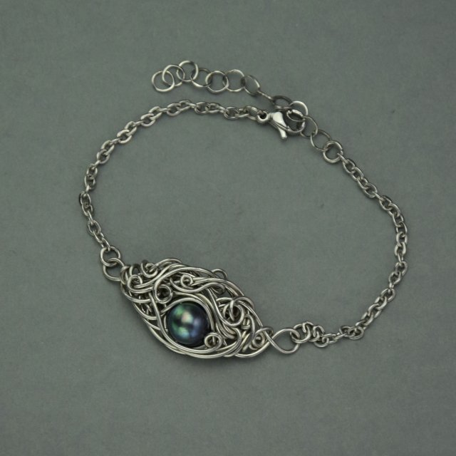 Bransoletka z perłą, perły, wire wrapping, stal chirurgiczna