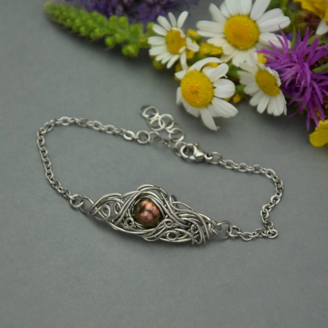 Bransoletka z perłą, perły, wire wrapping, stal chirurgiczna