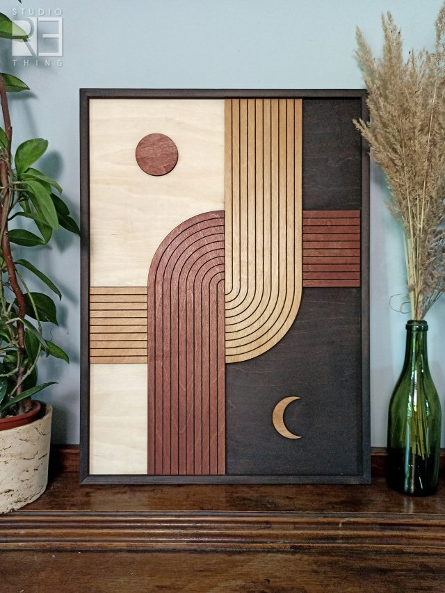 Drewniana dekoracja mid-century. "Dzień i noc". Obraz midcentury, boho.