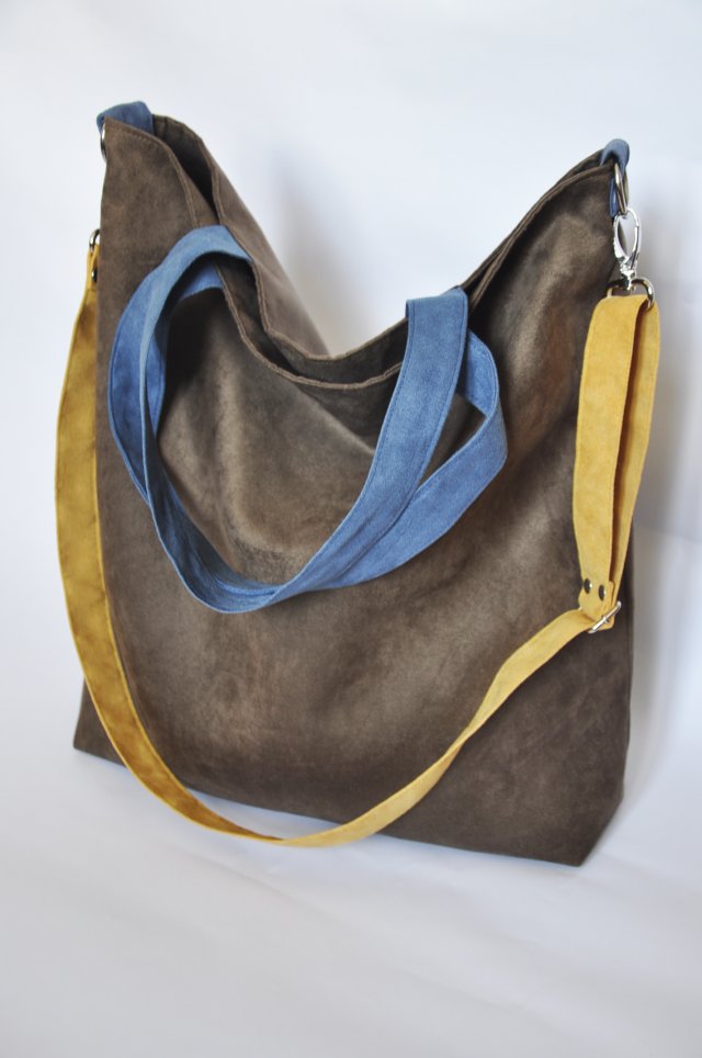 Torba hobo XXL - brąz, niebieski, żółty