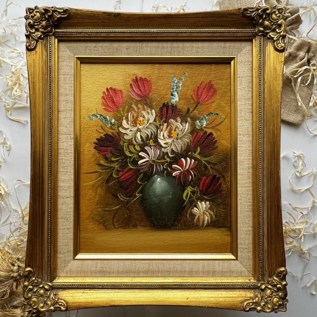 Floral Bouquet Oil Painting 36cm.❀ڿڰۣ❀ Ręcznie malowany obraz olejny, efektowna złocona rama ze sztukaterią ❀ڿڰۣ❀