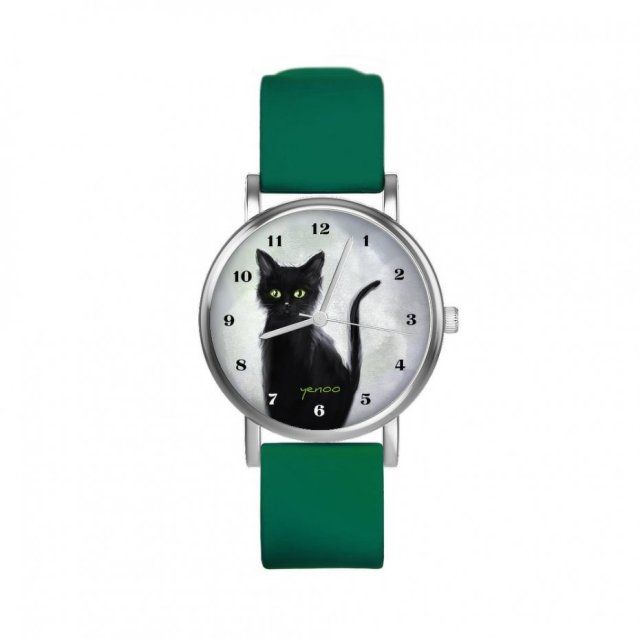 Zegarek mały - Czarny kot - silikonowy, zielony