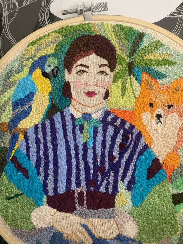 Haft portret tamborek kobieta, papuga, lis