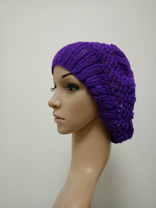 Lekka ażurowa czapka - beret fioletowy