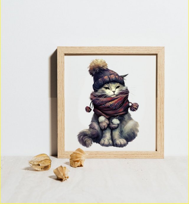 Plakat Zimowy Kot 30cm x 30cm