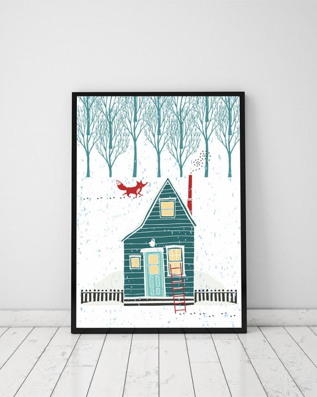 plakat z domkiem i lisem w lesie (format A3)