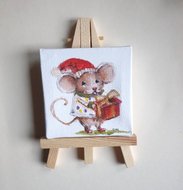 Mini obraz ręcznie malowany myszka prezent Boże Narodzenie