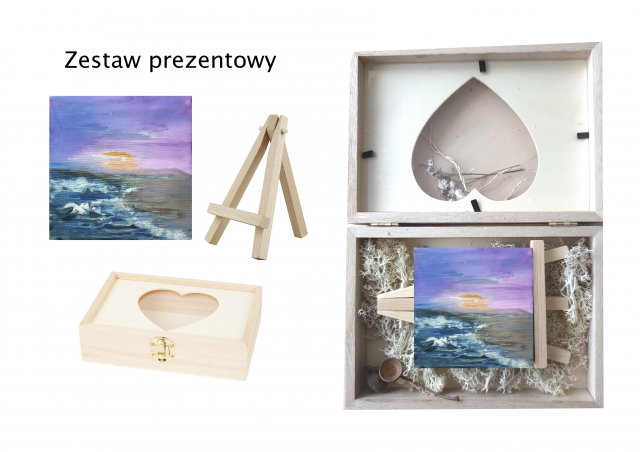 Pudełko drewniane+obraz ręcznie malowany morze