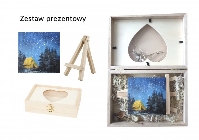 Pudełko drewniane+obraz ręcznie malowany noc las