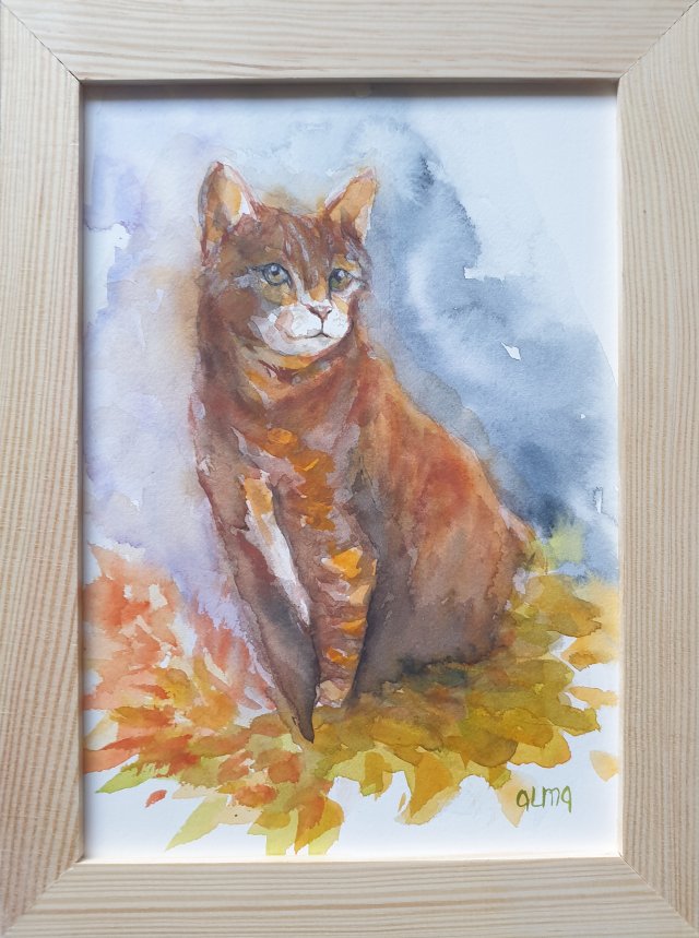Akwarela ręcznie malowana  "Kot" +rama