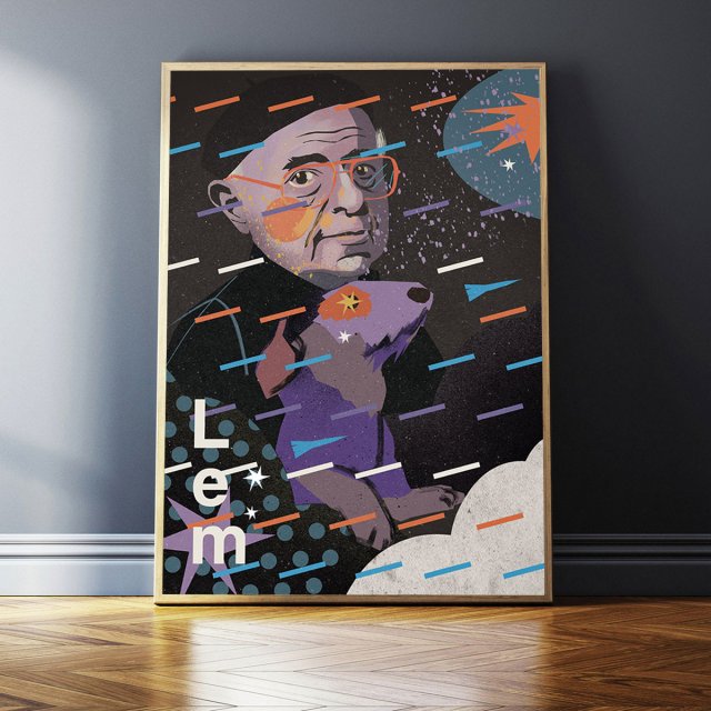 Stanisław Lem i pies Bej (50x70)