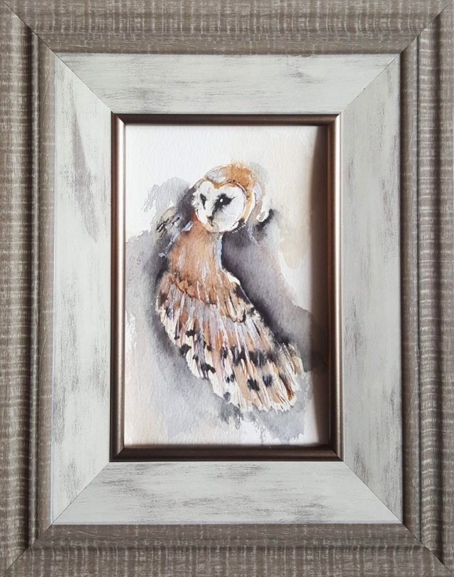 Akwarela Obraz Ręcznie malowany Sowa Ptaki +rama