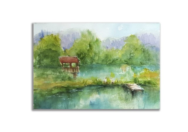 Akwarela ręcznie malowana Pejzaż staw 30x40+ rama