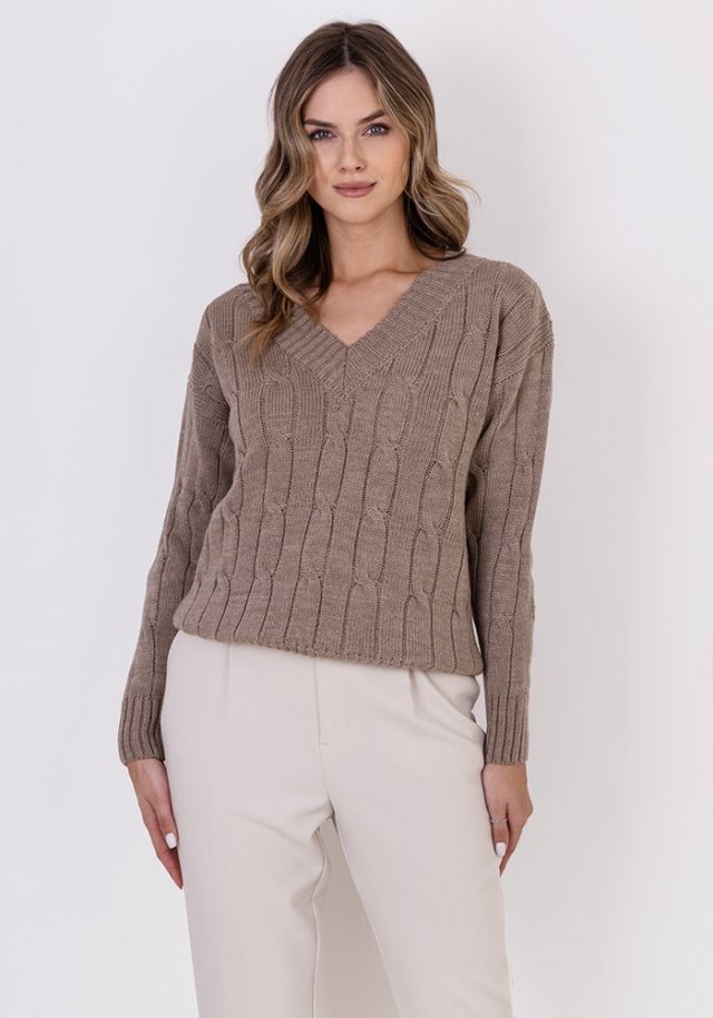 Sweter w warkoczowy wzór - SWE316 mocca MKM