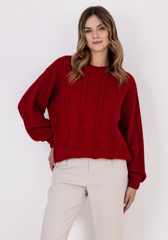 Sweter w warkoczowe wzory - SWE323 czerwony MKM