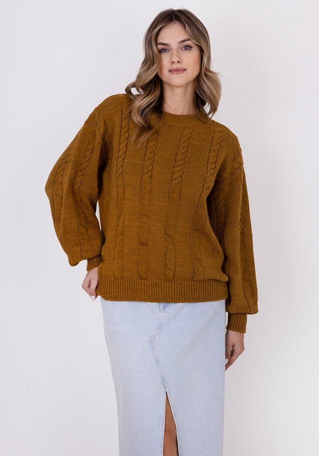 Sweter w warkoczowe wzory - SWE323 miodowy MKM