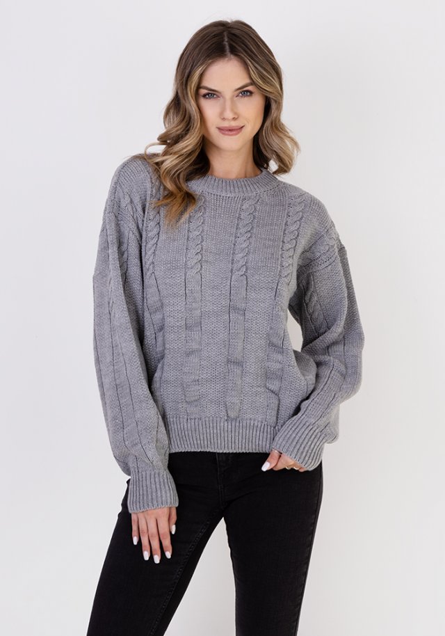 Sweter w warkoczowe wzory - SWE323 szary MKM