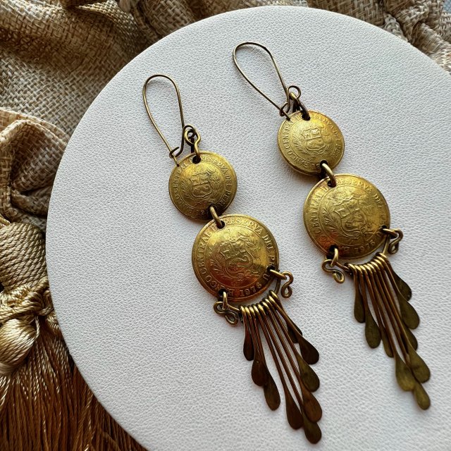 Vintage Peru Brass Earrings ❀ڿڰۣ❀ Niespotykane kolczyki