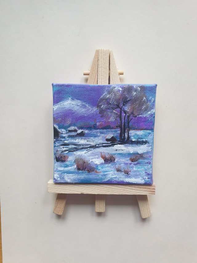 Mini obraz ręcznie malowany pejzaż zima