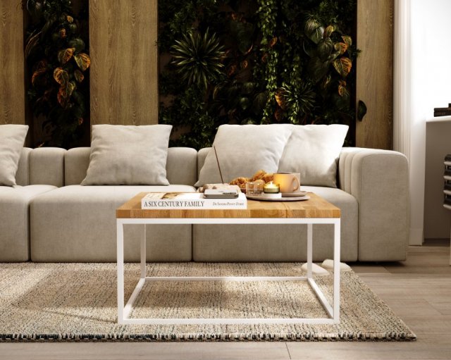 Stolik kawowy loft Cermis 80cm x 80cm wysokość 40cm drewno dębowe biały