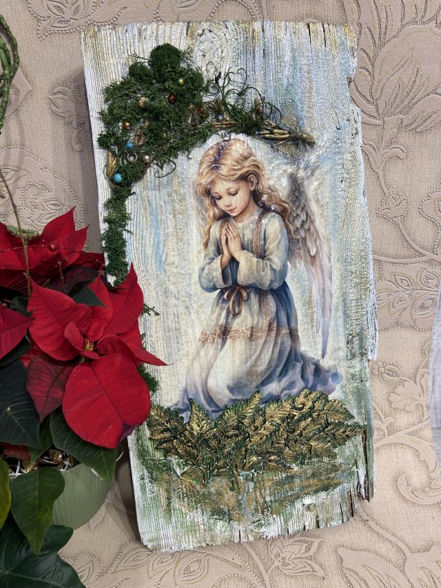 Anioł stróż na desce, obraz decoupage