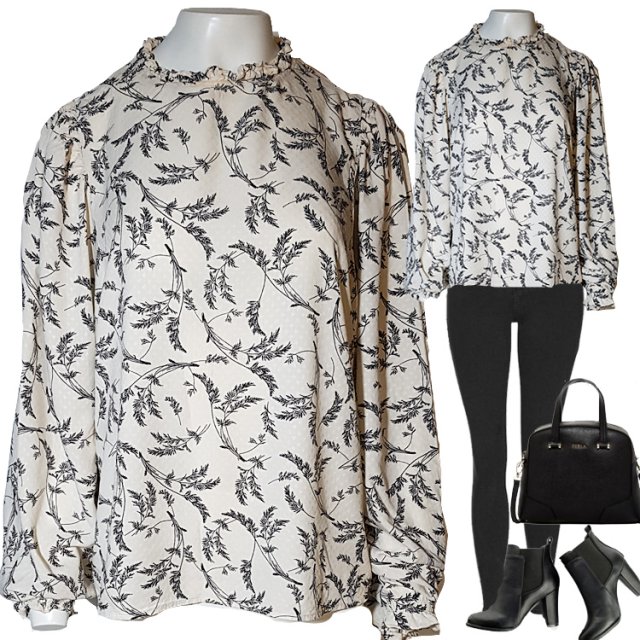 KappAhl bluzka z motywami roślinnymi szerokie rękawy wiskoza 40 L Hv238