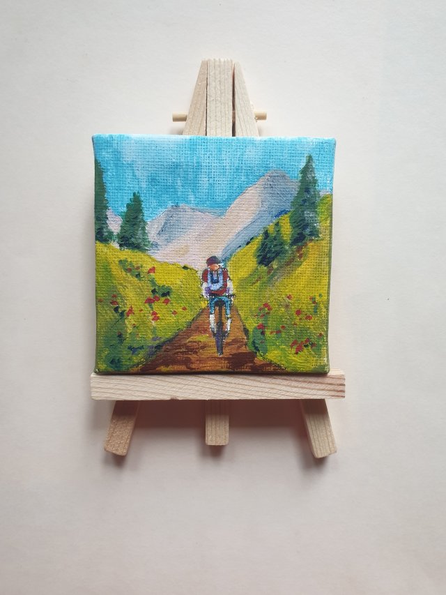 Obraz ręcznie malowany mini "Góry" +sztaluga rower